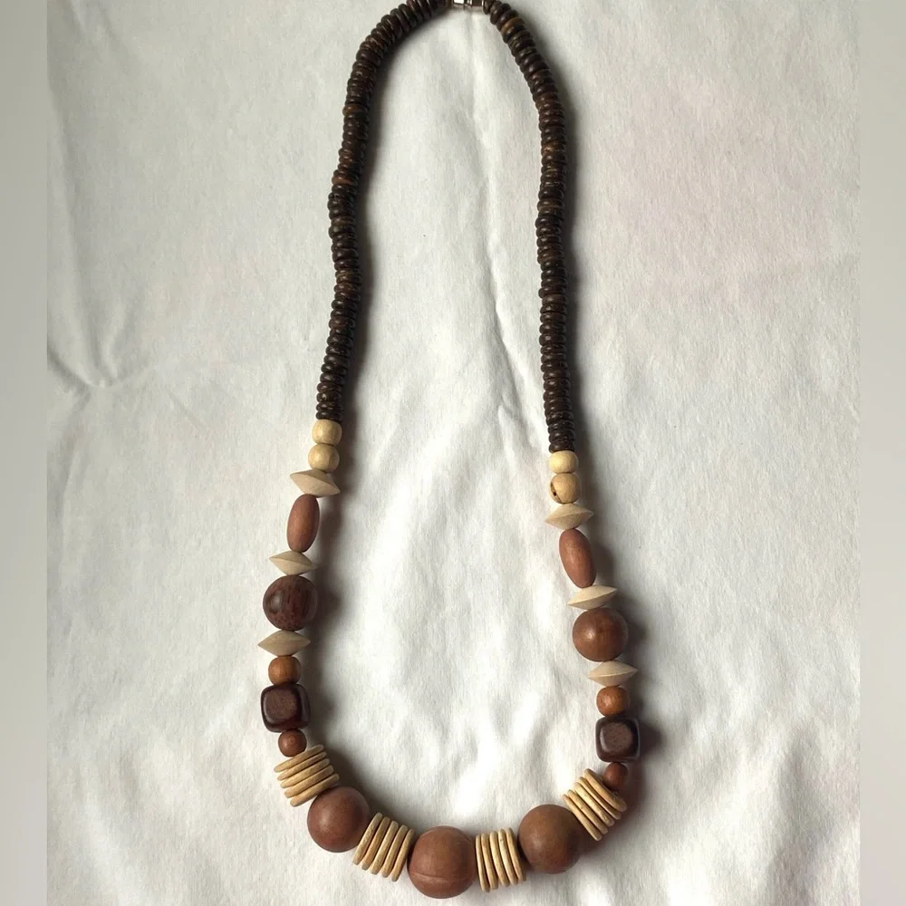Statement Chunky Wood And Coconut Shell Bead Necklace Bohemian Tribal Brown